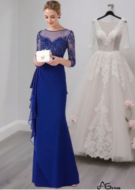 Elegant Blue Chiffon Mother of the Bride Dress with Illusion Sleeves