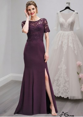 Purple Lace & Satin Mother of the Bride Dress – Bateau Neck Full Length Sheath Gown with Illusion Sleeves