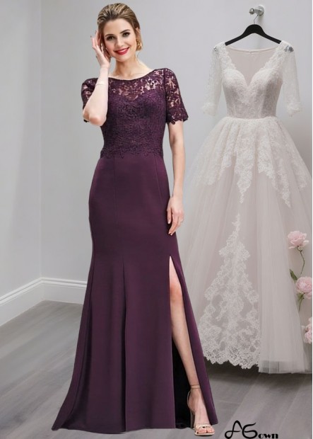 Purple Lace & Satin Mother of the Bride Dress – Bateau Neck Full Length Sheath Gown with Illusion Sleeves