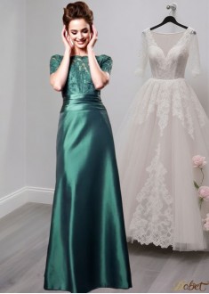  Full-Length A-Line Mother of the Bride Dress with Bateau Neckline and Short Sleeves