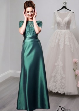  Full-Length A-Line Mother of the Bride Dress with Bateau Neckline and Short Sleeves