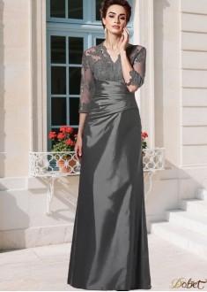 Elegant Queen Anne Neckline Taffeta Mother of the Bride Dress – Full Length A-Line with Illusion Sleeves