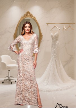Elegant V-Neck Lace Full-Length Mother of the Bride Dress with Poet Sleeves