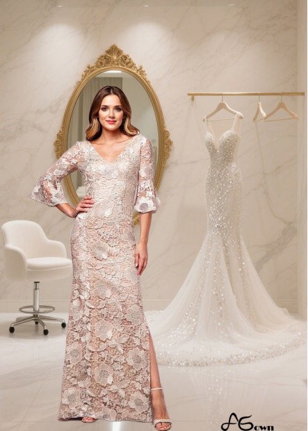 Elegant V-Neck Lace Full-Length Mother of the Bride Dress with Poet Sleeves