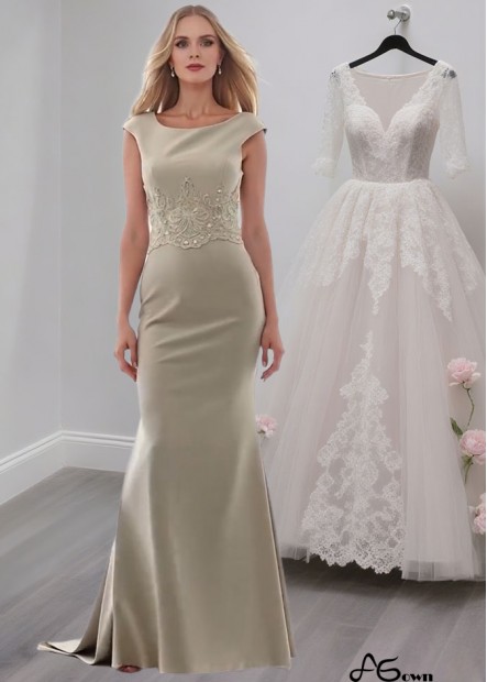 Scoop Neck Satin Mother of the Bride Dress – Full Length Sheath Gown with Cap Sleeves