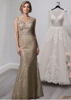 Tulle Lace Mother of the Bride Dress – Full Length Sheath Gown with Cap Sleeves