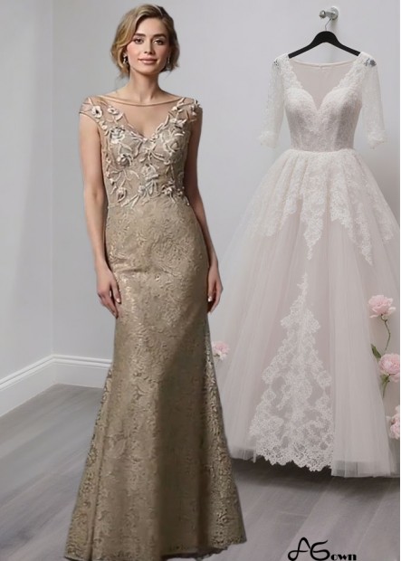 Elegant Bateau Neck Tulle Lace Mother of the Bride Dress – Full Length Sheath Gown with Cap Sleeves