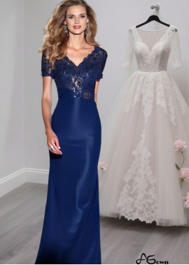 Blue Lace Chiffon V-Neck Full Length Mother of the Bride Dress with T-Shirt Sleeves