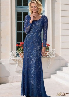 Blue Lace Scoop Neck Mother of the Bride Dress