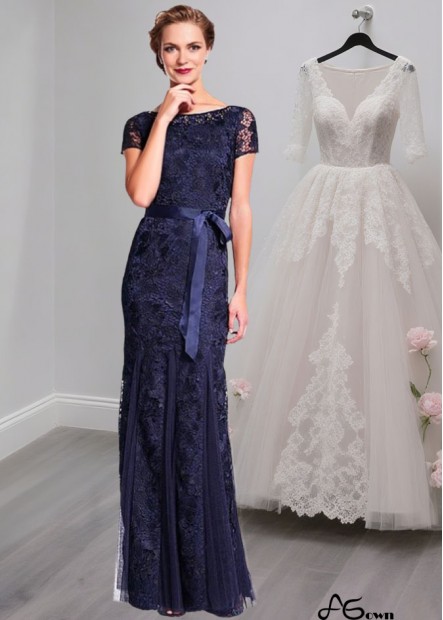 Elegant Full Length Lace Mother of the Bride Dress with Illusion Sleeves and Bateau Neckline