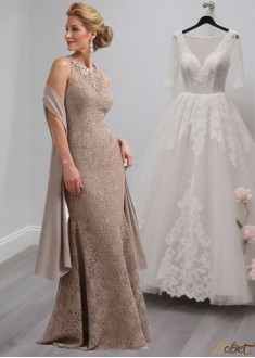 Floor Length Lace Mother of the Bride Dress – Jewel Neck Sheath Evening Gown