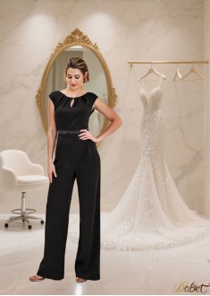 Black Acetate Satin UK Mother of the Bride Pantsuit with Cap Sleeves