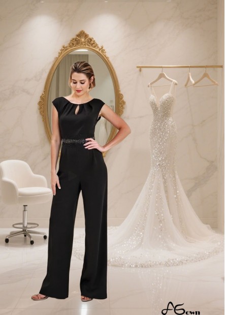 Black Acetate Satin Mother of the Bride Pantsuit with Bateau Neck — Cap Sleeve Full-Length Gown