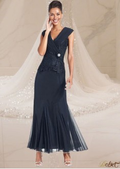 Elegant V-Neck Chiffon Ankle-Length Formal Dress for Wedding or Evening