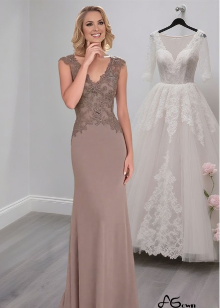 V-Neck Spandex Mother of the Bride Dress – Full Length Sheath Gown with Cap Sleeves