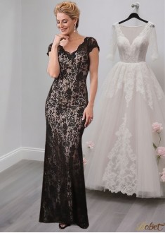 V-Neck Black Lace Full-Length Mother of the Bride Dress with Cap Sleeves