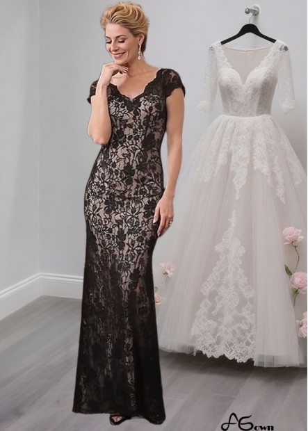 V-Neck Black Lace Full-Length Mother of the Bride Dress with Cap Sleeves