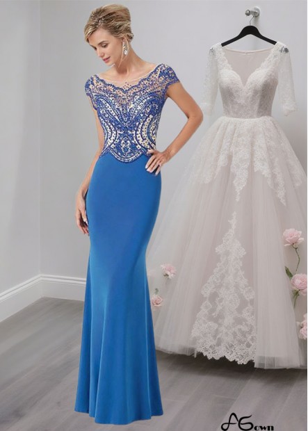 Blue Scoop Neck Stretch Satin Mother of the Bride Evening Dress with Cap Sleeves