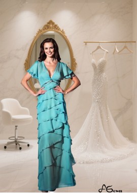 Elegant  V-Neck Chiffon A-Line Mother of the Bride Dress with Bell Sleeves