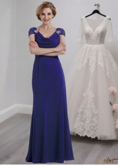 Blue V Neck Full Length Chiffon A-Line Mother of the Bride Dress with Cap Sleeves