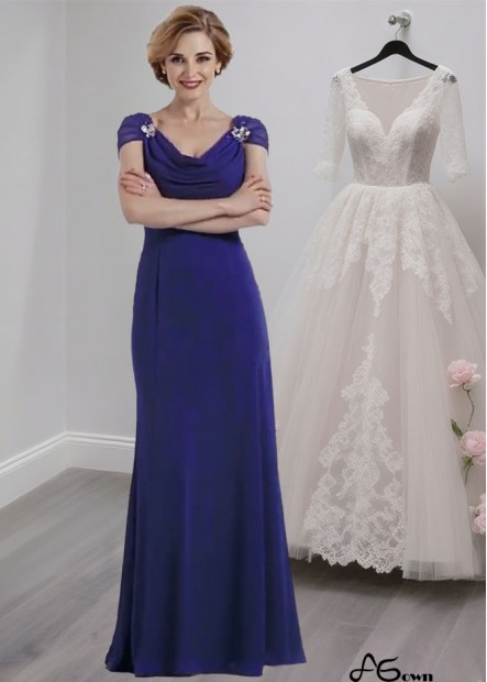 Blue V Neck Full Length Chiffon A-Line Mother of the Bride Dress with Cap Sleeves