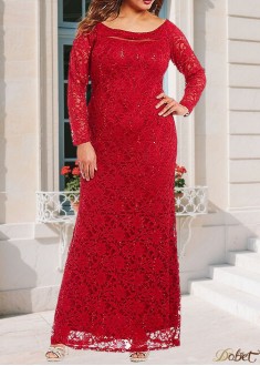 Red Lace Scoop Neck Mother of the Bride Dress