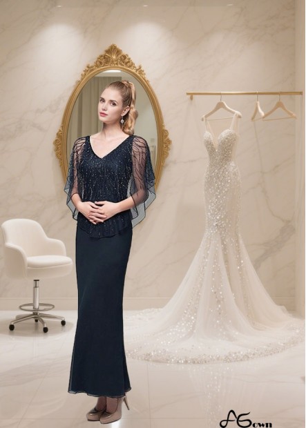 Elegant Ankle-Length V-Neck Tulle Chiffon Mother of the Bride Dress with Illusion Sleeves