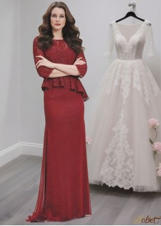 Lace & Chiffon Mother of the Bride Dress – Full Length Sheath Gown with 3/4 Sleeves