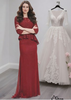 Lace & Chiffon Mother of the Bride Dress – Full Length Sheath Gown with 3/4 Sleeves