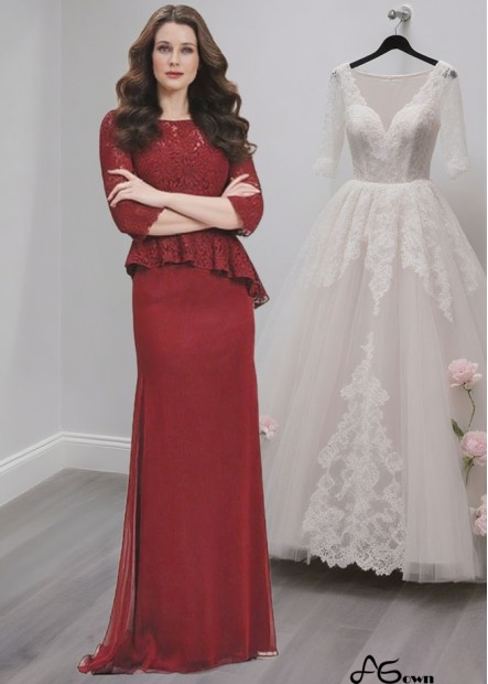 Lace & Chiffon Mother of the Bride Dress – Full Length Sheath Gown with 3/4 Sleeves