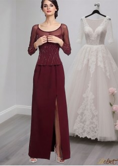 Chiffon Scoop Neck Full-Length Sheath Mother of the Bride Dress with Illusion Sleeves