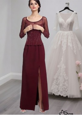 Chiffon Scoop Neck Full-Length Sheath Mother of the Bride Dress with Illusion Sleeves