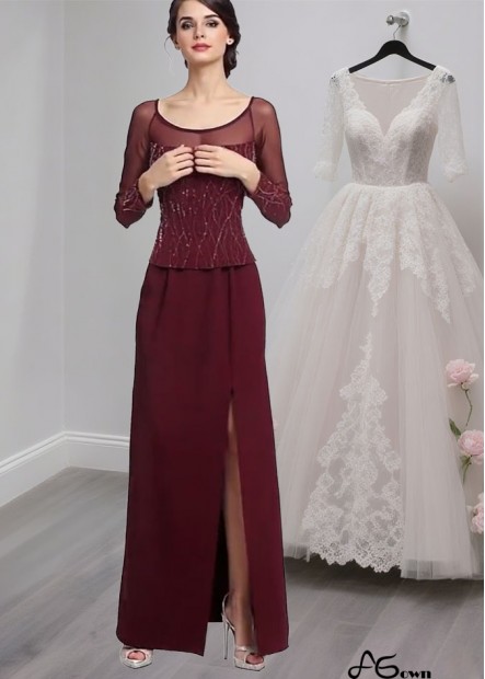 Chiffon Scoop Neck Full-Length Sheath Mother of the Bride Dress with Illusion Sleeves