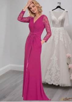V-Neck Full-Length Lace Chiffon Mother of the Bride Dress with Long Sleeves