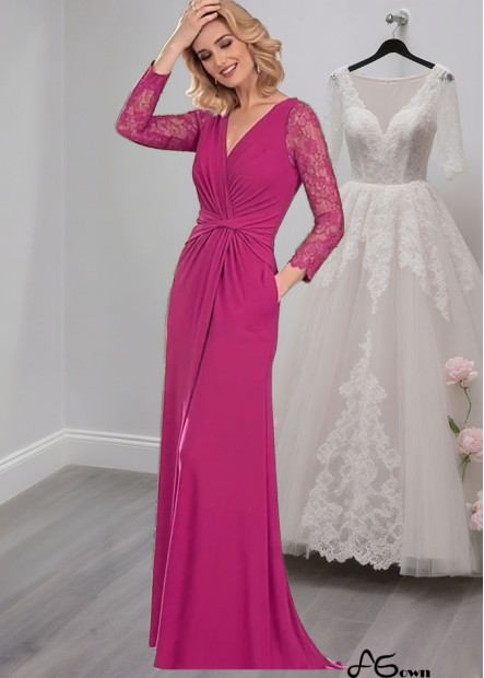 V-Neck Full-Length Lace Chiffon Mother of the Bride Dress with Long Sleeves