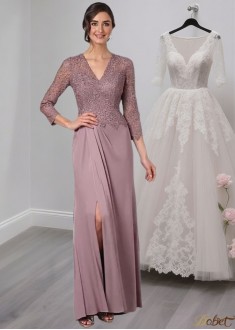 Elegant Lace and Satin Chiffon V-Neck Full-Length Mother of the Bride Dress – Sheath Silhouette