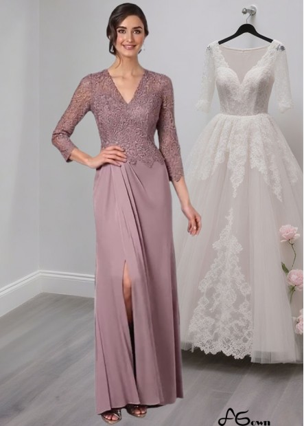Elegant Lace and Satin Chiffon V-Neck Full-Length Mother of the Bride Dress – Sheath Silhouette