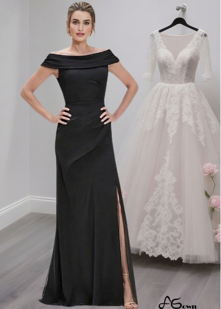 Elegant Off the Shoulder Black Chiffon Satin Formal Evening Dress – Full Length Gown
