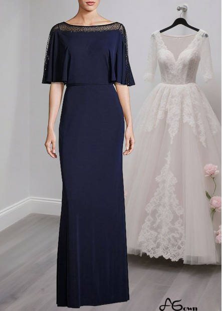 Elegant Full-Length Bateau Neck Tulle & Spandex Mother of the Bride Dress