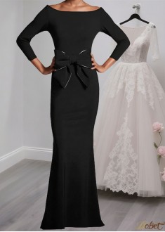Elegant Black Evening Gown Stretch Satin Bateau Neck Mother of the Bride Dress