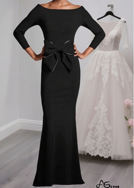Elegant Black Full-Length Stretch Satin Bateau Neck Mother of the Bride Dress