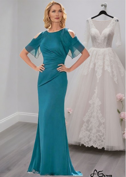 Elegant Blue Full-Length Jewel Neck Silk-Like Chiffon Mother of the Bride Dress