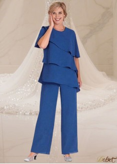 Elegant Blue Chiffon Full-Length Mother of the Bride Pantsuit with Jewel Neckline