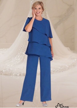 Elegant Blue Chiffon Full-Length Mother of the Bride Pantsuit with Jewel Neckline