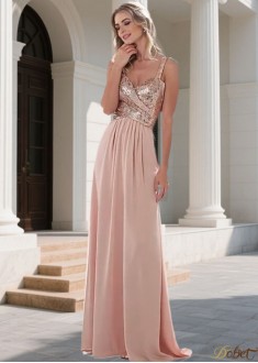 Pink Sequined Chiffon V-Neck Sleeveless Full-Length A-Line Bridesmaid Dress