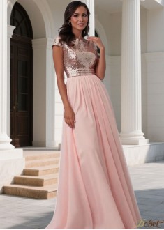 Elegant Sequin Lace Chiffon Bateau Neck A-Line Long Bridesmaid Dress for Wedding Party