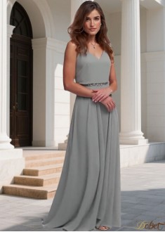 Elegant Spaghetti Straps Chiffon Bridesmaid Dress | V-Neck A-Line Full-Length Gown