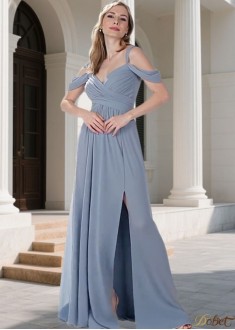 Elegant V-Neck Chiffon A-Line Bridesmaid Dress with Slit for Wedding Party
