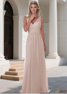 Chiffon V-Neck Full Length A-Line Bridesmaid Dress with Ruched