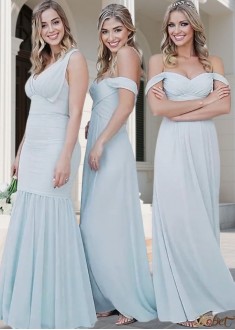 Off-The-Shoulder Blue Silk Chiffon Bridesmaid Dress – Full-Length A-Line Gown